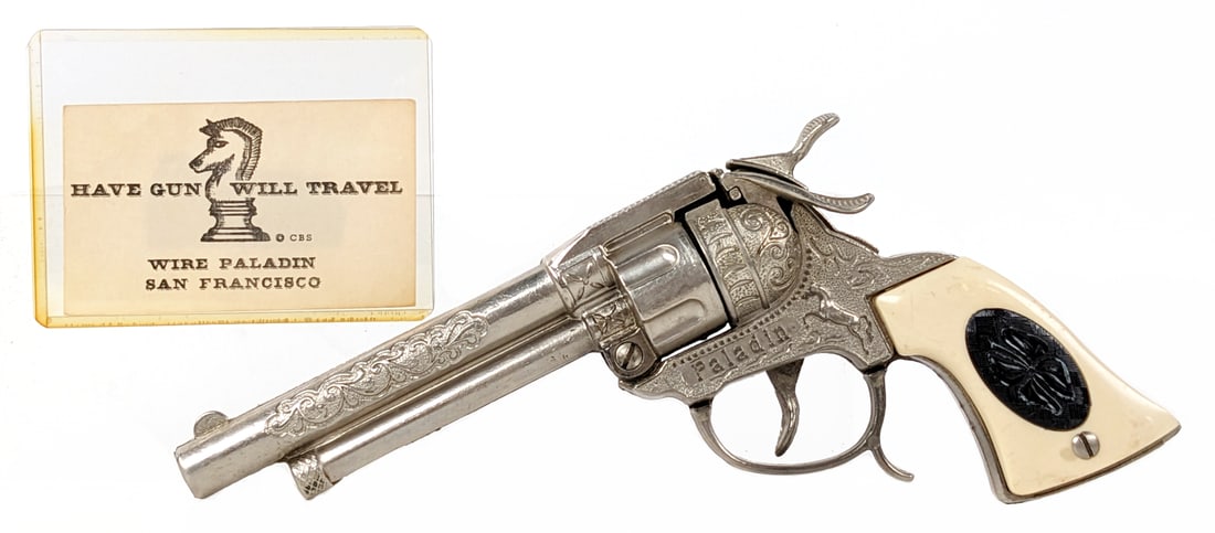 Leslie-Henry Paladin Cap Gun w/ Business Card: Hard to find Leslie-Henry Wire Paladin "Have Gun Will Travel" cap gun revolver with original business card. The gun has minor wear from age, overall displays very well. The gun functions as it should.