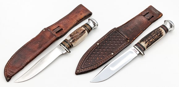 (2) 1940-64 Case XX Stag Fixed Blade Hunting Knives w/ Sheath