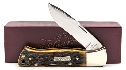2001 W.R. Case & Sons Solingen Germany Green Bone 4-1/4" Lockback Hunter w/ Box DE161501L