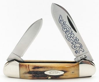 1977 Case XX Blue Scroll Stag Canoe Folding Knife 52131