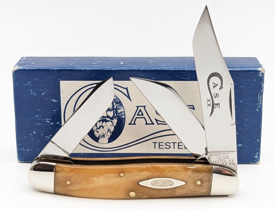 1997 Case XX Classic Smooth Molasses Bone 1 of 350 Large Stockman 6340 w/ Box: Knife features grey lettering on the main blade, and is in very nice condition with light wear from handling. Overall measures 4-3/8in when closed.