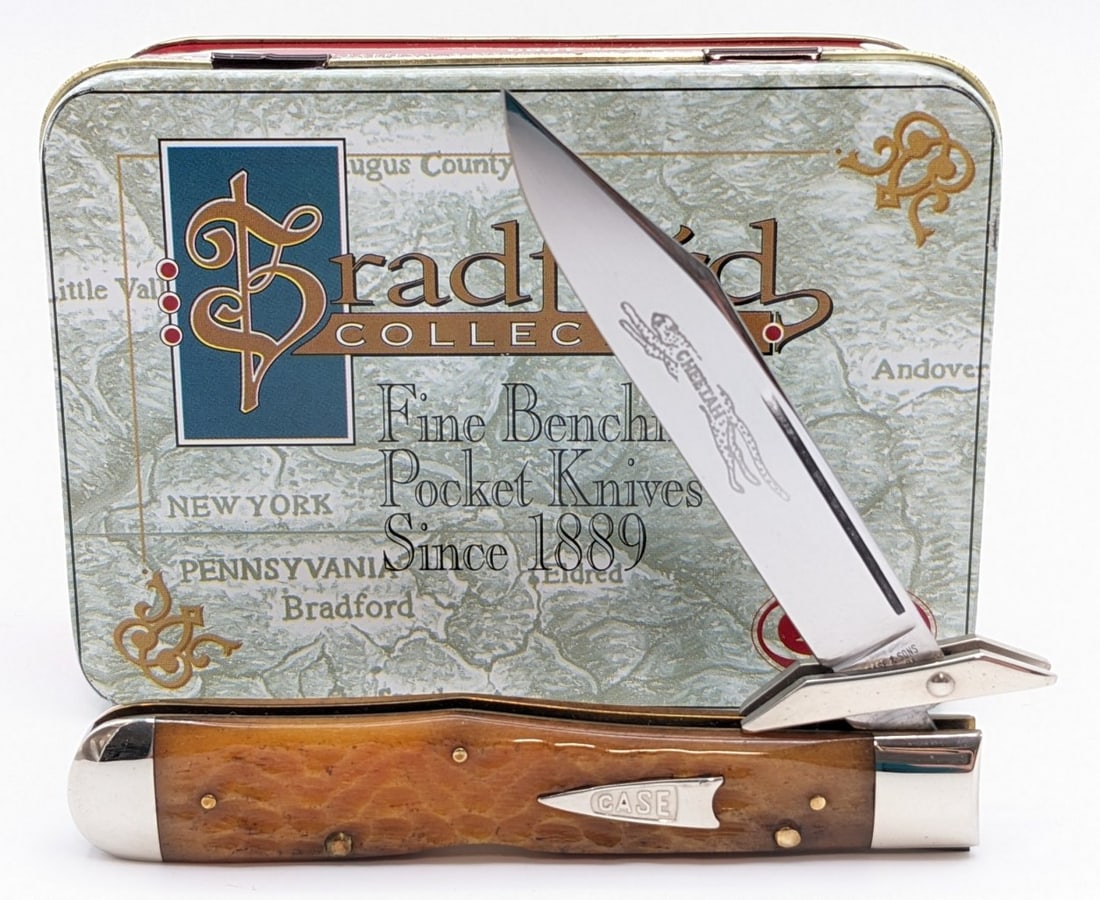 1990s Case XX Bradford Collection 1 of 72 Honey Rogers Bone Cheetah 61011 1/2 w/ Tin: Knife features arrowhead shield and is in very nice condition with light wear from handling. Overall measures 4-1/2in when closed.