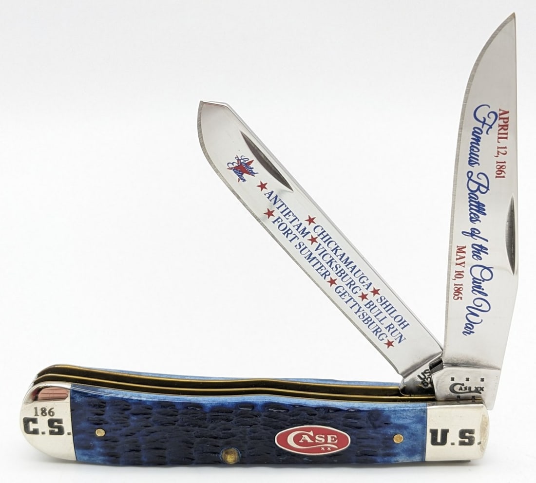 Ltd 2015 Case XX Famous Battles of the Civil War Blue Bone Trapper 6254: Knife is numbered 186 and is in like new condition. Overall measures 4-1/8in when closed.