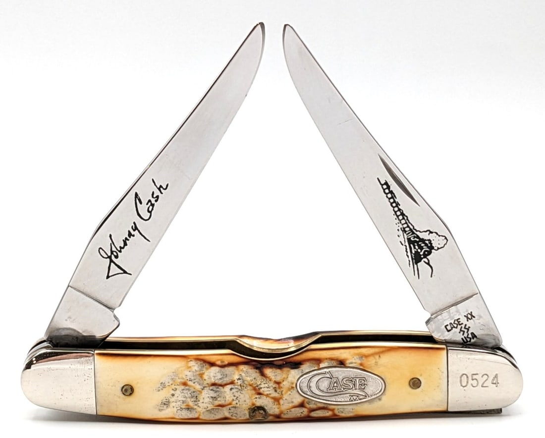 Ltd 1988 Case XX Johnny Cash Second Cut Bone Muskrat: Knife is numbered 0524, and is in very nice condition with minimal wear from handling. Overall measures 3-7/8in when closed.