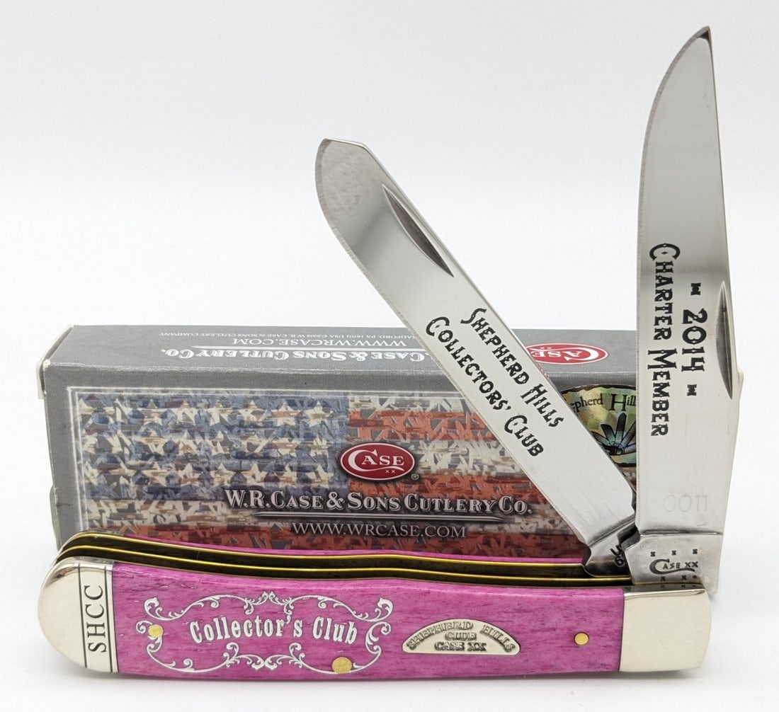 Ltd 2014 Case XX Shepherd Hills Club Smooth Magenta Bone Trapper 6254 w/ Box: Knife is numbered 0011, and is in like new condition. Overall measures 4-1/8in when closed.