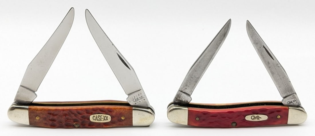 2000 & 08 Case XX Jigged Bone Muskrat & Red Bone Mini Muskrat: The muskrat is in nice condition with some scuffs and wear on the bolsters from handling. The mini muskrat has carbon spotting on the blades, and scratches on the bolsters. Largest overall measures 3-