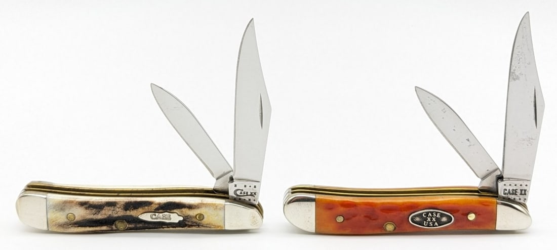 2011 & 2020 Case XX Red Bone & Stag Peanut Knives: Knives are in nice condition with some scuffs and tarnishing on the bolsters from handling. The red bone peanut has some carbon spots on the blades. Overall measures 2-3/4in when closed.