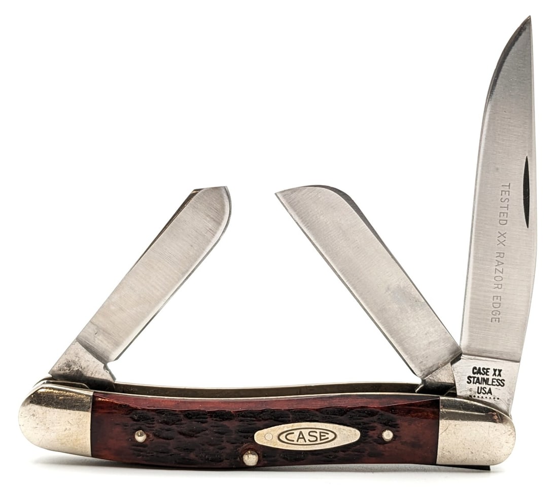 1972 Case XX Jigged Bone Stockman 6318HP: Knife is in nice condition with some scuffs and tarnishing on the bolsters from handling. Overall measures 3-1/2in when closed.