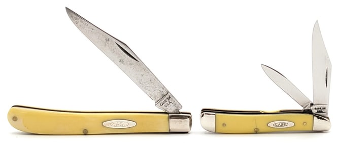 1971 & 74 Case XX Synthetic Yellow Slimline Trapper 31048 & Peanut Knife 3220