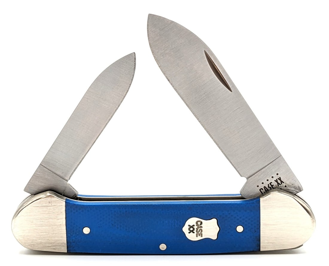 2020 Case XX Smooth Blue Micarta Canoe Knife 102131: Knife is in very nice condition with light scuffs on the bolsters from handling. Overall measures 3-5/8in when closed.