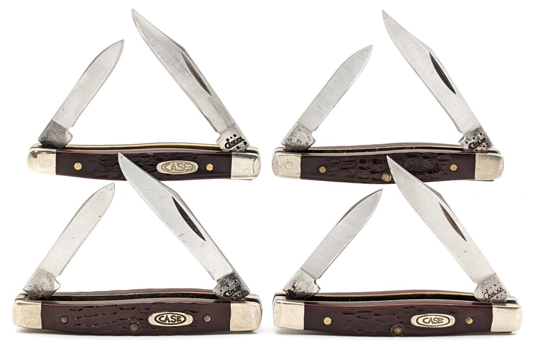 (4) Case XX Jigged Delrin Small Stockman's 6233: Knives are in fair condition with light scratches on the blades, and light scuffs and tarnishing on the bolsters. One is missing the shield. Overall measures 2-5/8in when closed.