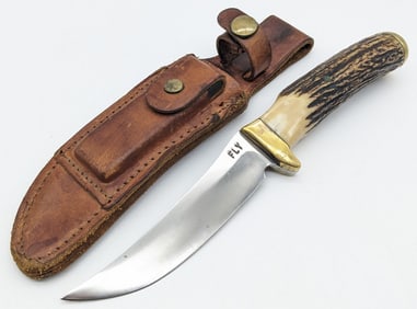 Vtg Fly Stag Handle Hunting Knife w/ Sheath