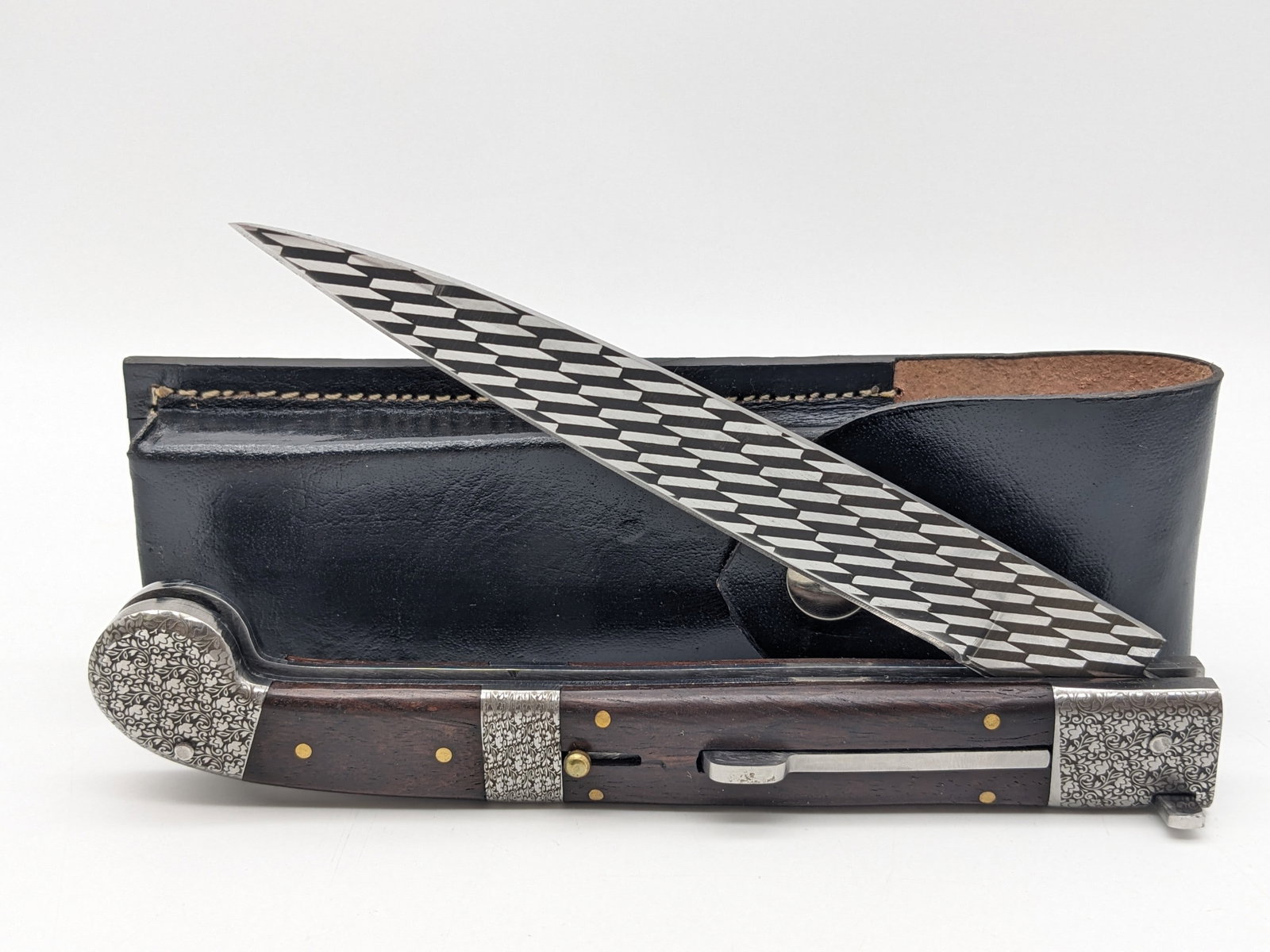 Large Laser Engraved Ironwood Switchblade Knife w/ Sheath (1 of 4)