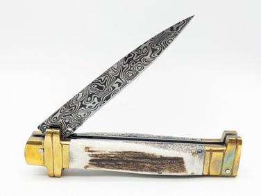 Large Stag Damascus Switchblade Knife w/ Sheath