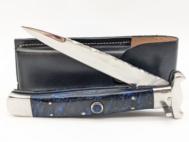 Large Black Blue Swirl Resin Switchblade Knife w/ Sheath