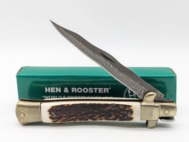 NIB C. Bertram Hen & Rooster Stag Damascus Kriss Stiletto Folding Knife
