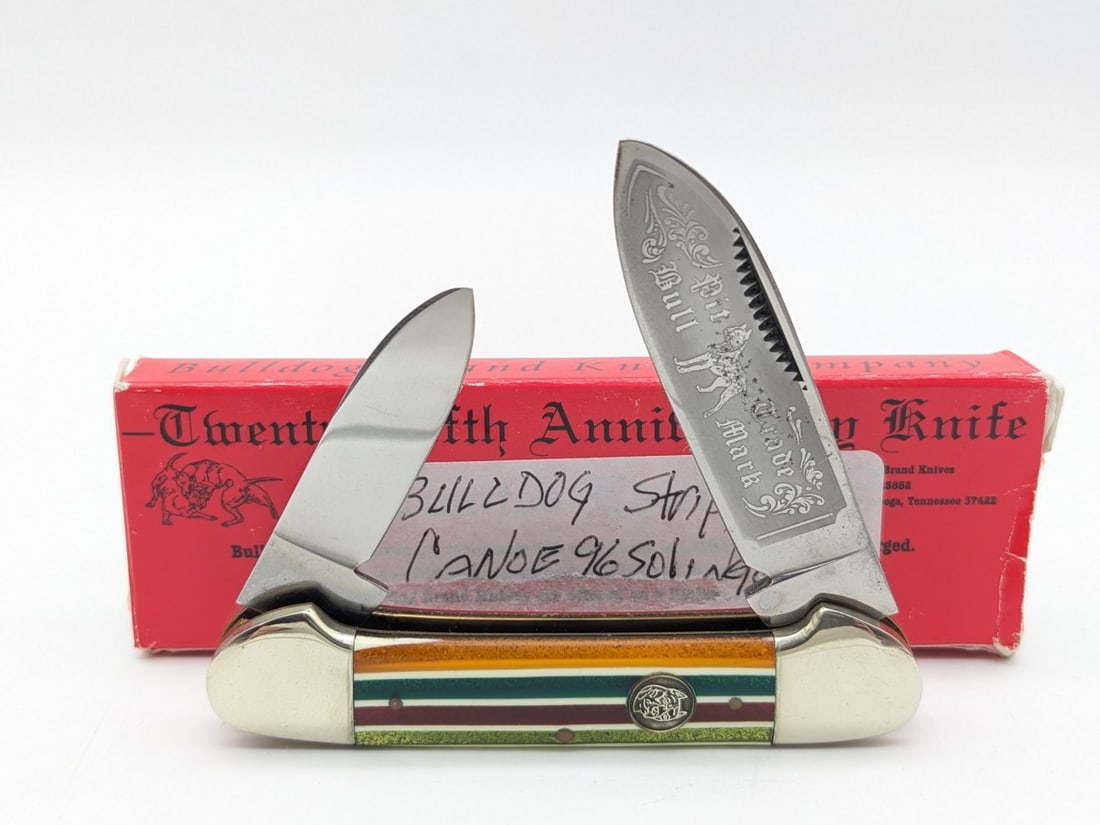 1996 Bulldog Brand Pit Bull Celluloid Stripe Canoe Knife w/ Box (1 of 4)