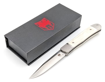 NIB CobraTec Jigged White Micarta Trapper Hidden Release Switchblade