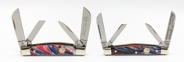 (2) Hen & Rooster Bertram Cutlery Red White & Blue Swirl Congress Knives