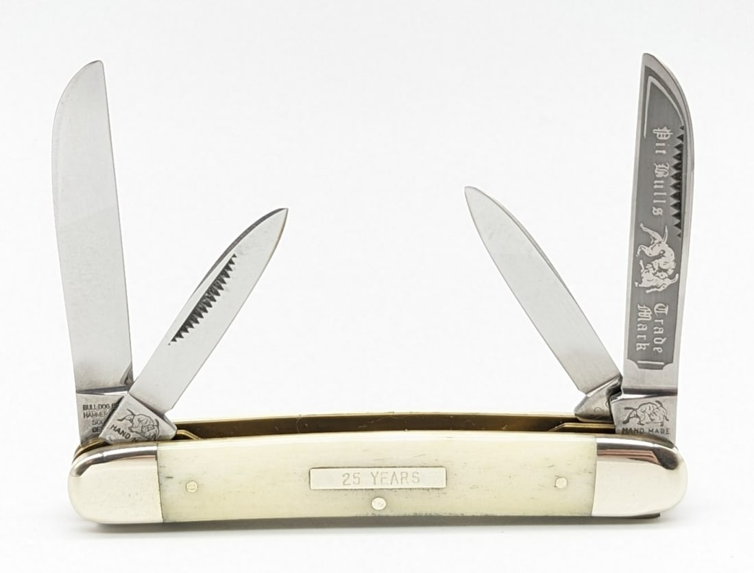 Bull Dog Brand 25 Year Pit Bulls Smooth Bone Congress Knife: Knife is in very nice condition with light scuffs on the bolsters from handling. Overall measures 3-5/8in when closed.