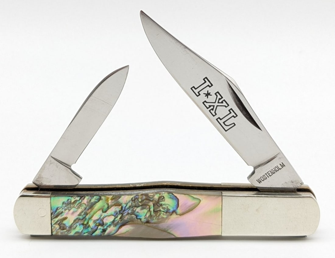 George Wostenholm IXL Abalone Whittler: Knife is in nice condition with light scuffs and dings on the bolsters from handling. Overall measures 3-1/8in when closed.