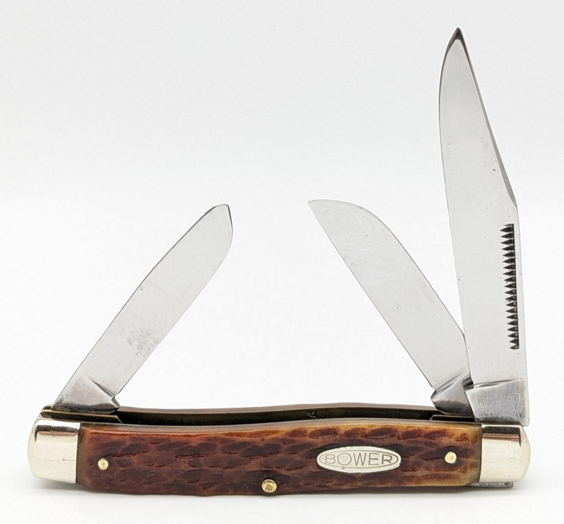 Bower RU-KO Solingen Jigged Bone Stockman: Knife is in very nice condition with light scuffs from handling. Overall measures 3-7/8in when closed.