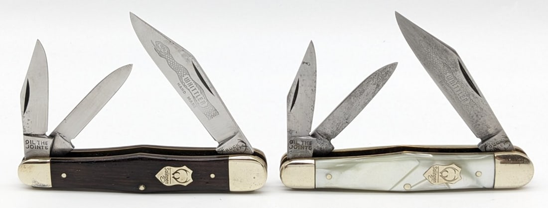 Buck Creek Smooth Wood & Faux Pearl Whittlers: Knives are in good condition with some carbon spotting on the blades, and light scuffs and tarnishing on the bolsters from handling. Overall measures 3-1/2in when closed.