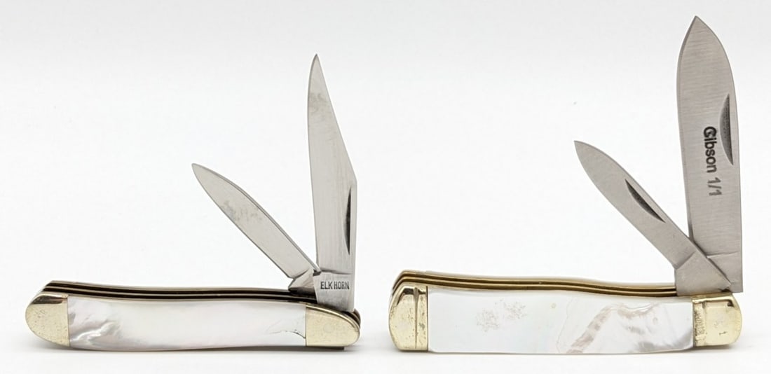 Gibson & Taylor Cutlery Mother of Pearl Gunstock & Peanut Knife: Knives are in nice condition with some scuffs and tarnishing from handling. Largest overall measures 3in when closed.