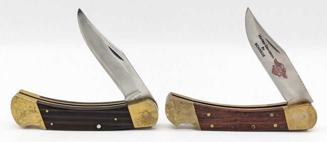 Buck 110 & Shrade Harley-Davidson Smooth Wood Lockback Knives