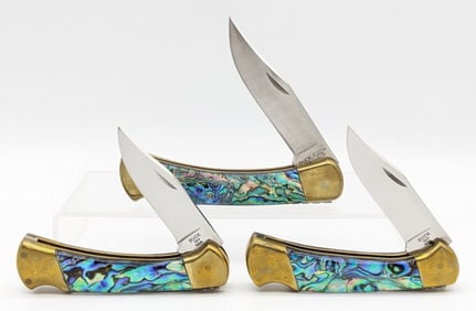 Custom Buck 110 & (2) 112 File Worked Abalone Mother of Pearl Lockback Knives