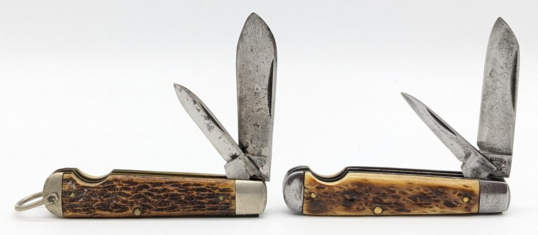 (2) Pal Blade Co. Jigged Bone Easy Open Jack Knives: Knives are in aged condition with scratches and carbon spotting on the blades, and scuffs and tarnishing on the bolsters. Overall measures 3-3/8in when closed.