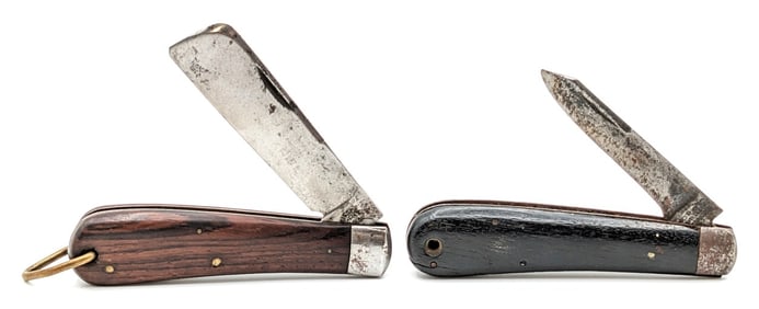 (2) Antique J. Russell & Co. Smooth Wood Electrician's Knives