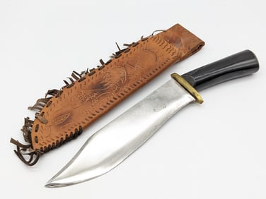Custom Horn Handle Clip Point Bowie Knife w/ Sheath