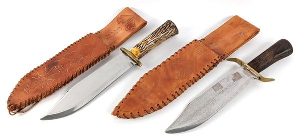(2) Custom Wood & Stag Handle Bowie Knives w/ Sheaths