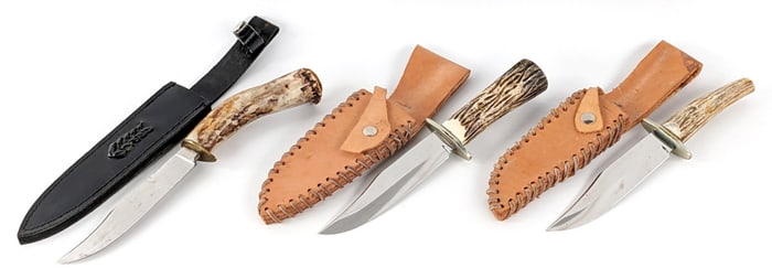(3) Custom Stag Handle Hunting Knives w/ Sheaths