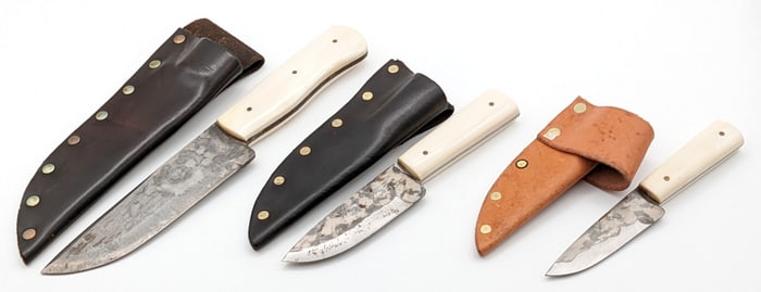 (3) Custom LW Smooth Natural Bone Handle Hunting Knives w/ Sheaths
