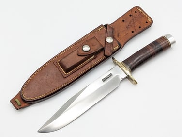 1970's Randall Model 14 Standard Stacked Leather Attack Knife w/ Sheath