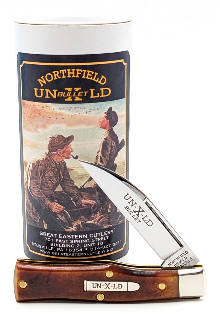 Great Eastern Cutlery UN-X-LD Antique Smooth Autumn Bone Gunstock Knife w/ Tube: Knife is in like new condition. Overall measures 2-5/8in when closed.