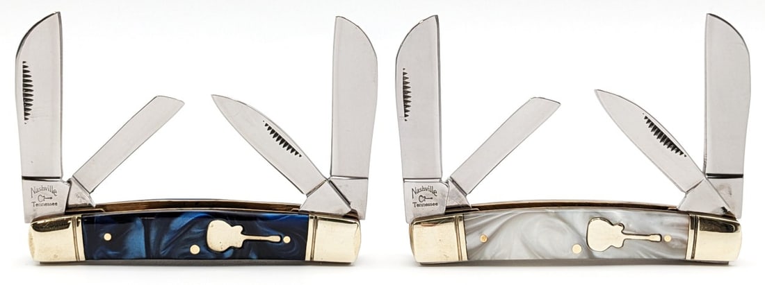 German Creek The Nashville Acrylic Swirl Congress Knives: Knives are in good condition with light scuffs on the bolsters from handling. Overall measures 3-5/8in when closed.