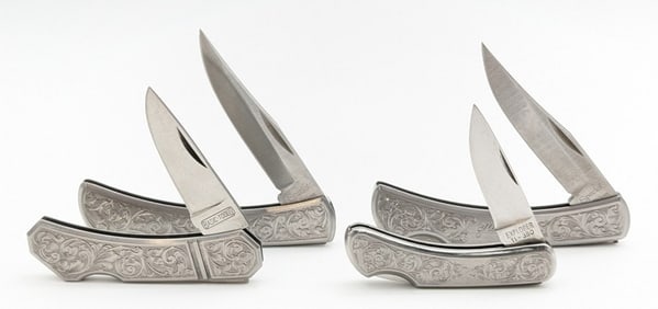 (4) Stainless Steel Engraved Metal Lockback Knives