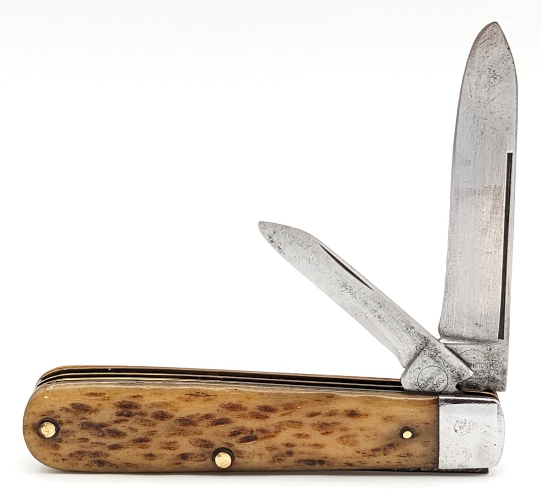 Antique Remington Pocket Worn Bone Jack Knife R23: Knife is in fair cleaned condition with material loss and scratches on the cleaned blades, scuffs and dings on the polished bolsters, and pocket worn handle scales with two large cracks on the back ha