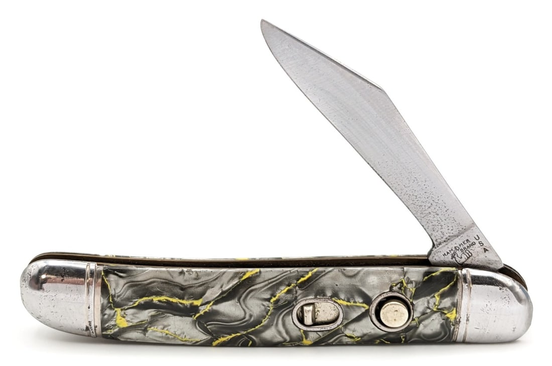 Hammer Brand Marbled Gray & Yellow Switchblade Knife (1 of 4)