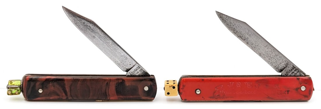 (2) G. Schrade Advertising & Marbled Plastic Pull Release Switchblade Knives (1 of 6)