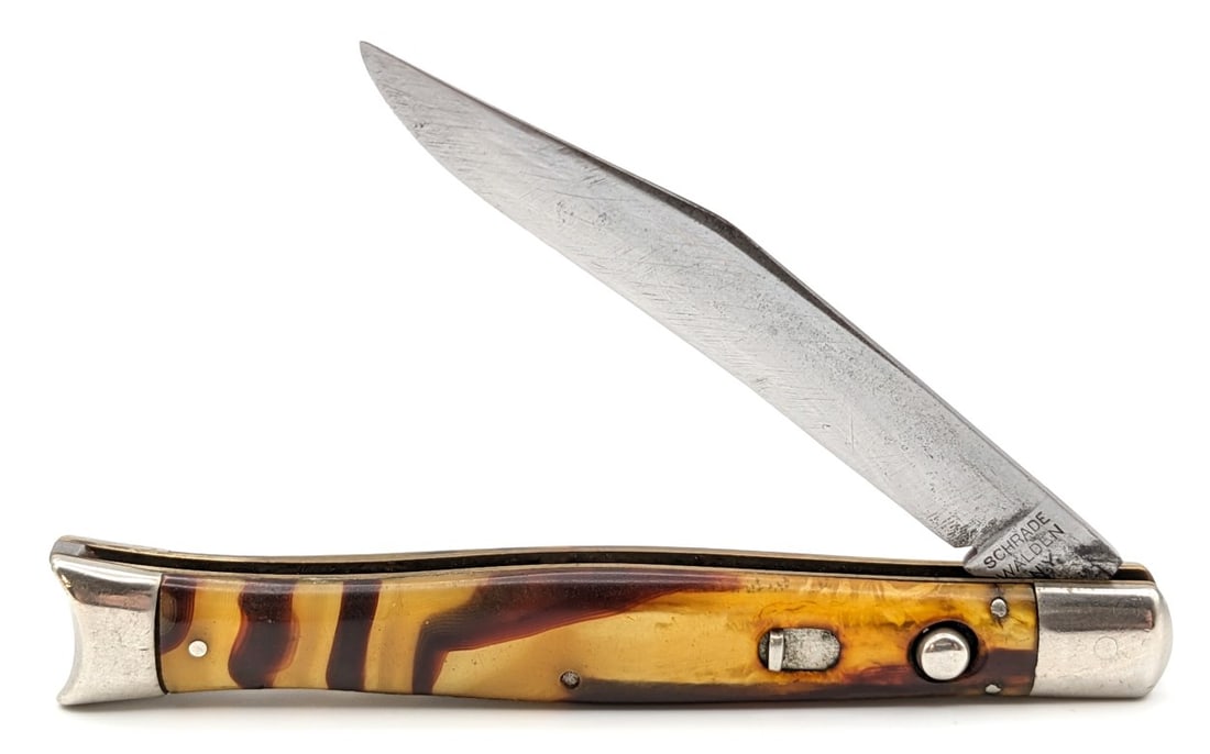Schrade Walden Black & Yellow Celluloid Fishtail Switchblade Knife (1 of 4)