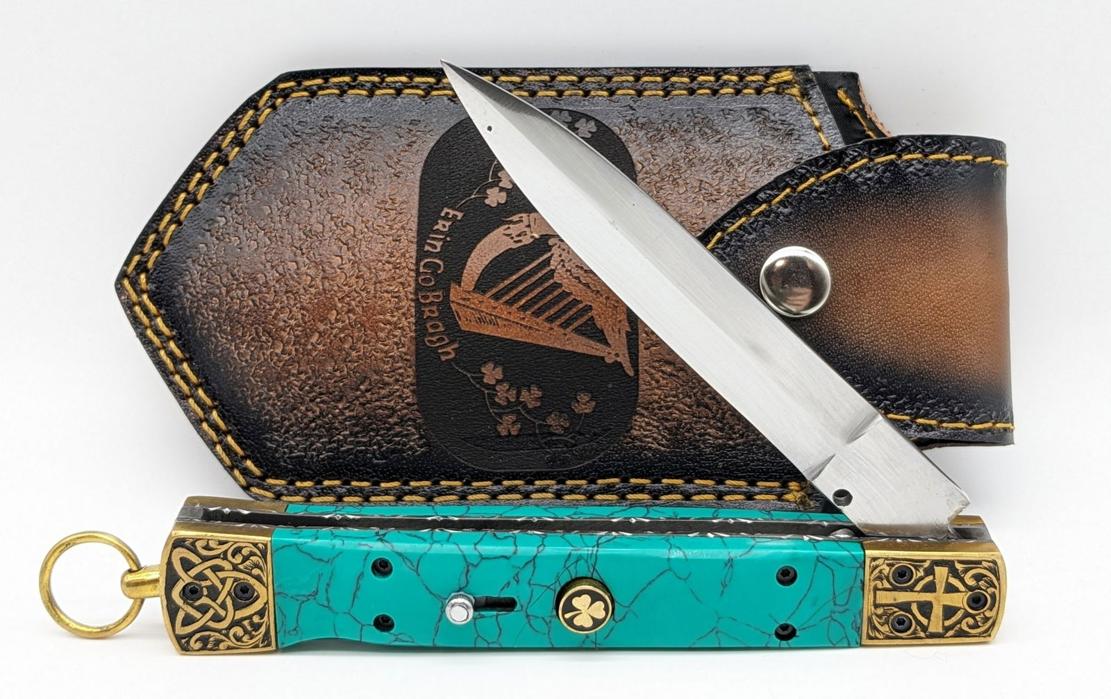 Custom Irish Engraved Spear Point Lockback Switchblade w/ Sheath (1 of 8)
