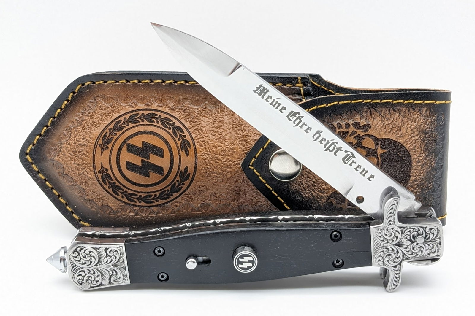 Custom German SS Deaths Head Picklock Stiletto Switchblade w/ Sheath (1 of 10)