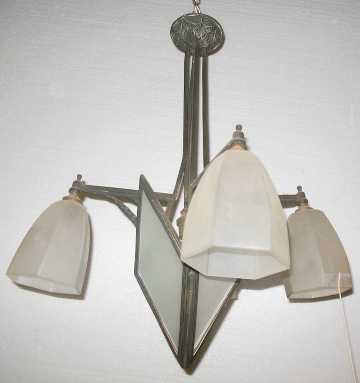 French art deco fixture, 4 glass shades: French art deco fixture, 4 glass shades