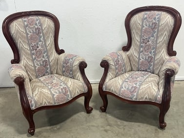 Pair Of Victorian Style Floral Upholstered Armchairs