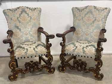 Pair Of Antique Italian Baroque Style Partial Gilt Walnut Armchairs