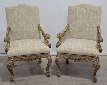 Pair Of Antique Giltwood Fauteuils Upholstered Armchairs